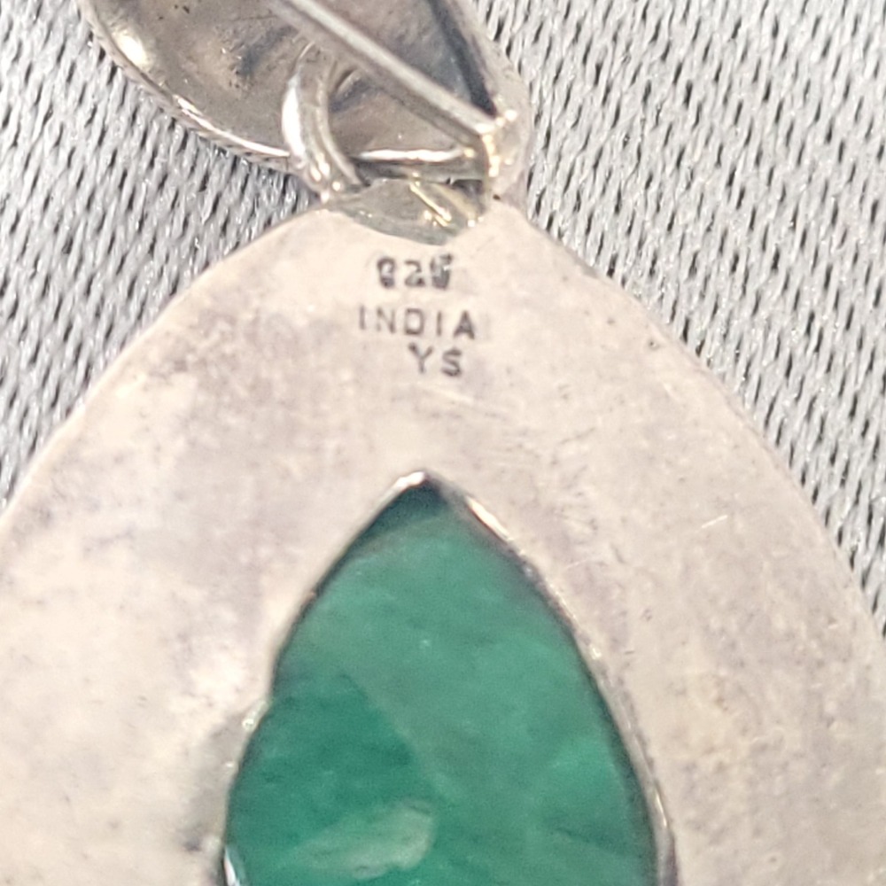 YS 925 Pendant Necklace Sterling Silver Emerald Beryl Teardrop‎ Made in India - Picture 3 of 10